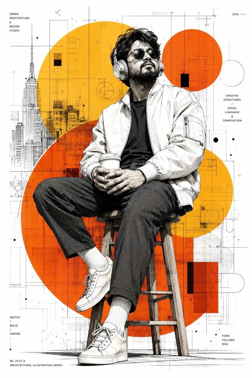 Illustrated portrait of Hari Nepal — seated on a stool with headphones and a coffee, against a sketched city skyline